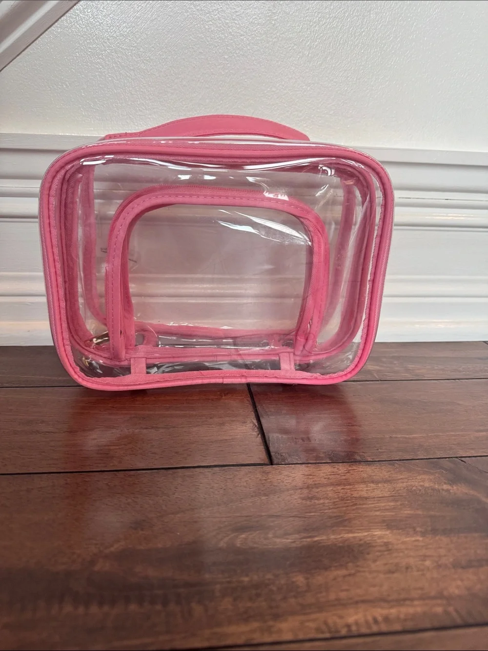 Clear Pink Trim Double Zip Travel Cosmetic Pouch